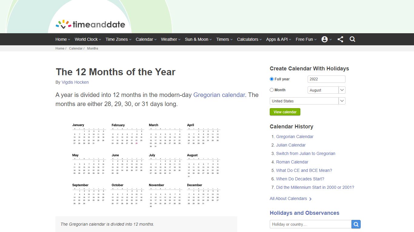 12 Months of the Year - Time and Date